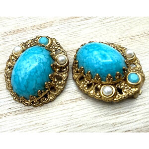 VTG West Germany Clipon Earrings Hubbell Glass Faux Turquoise Gold Tone Filigree